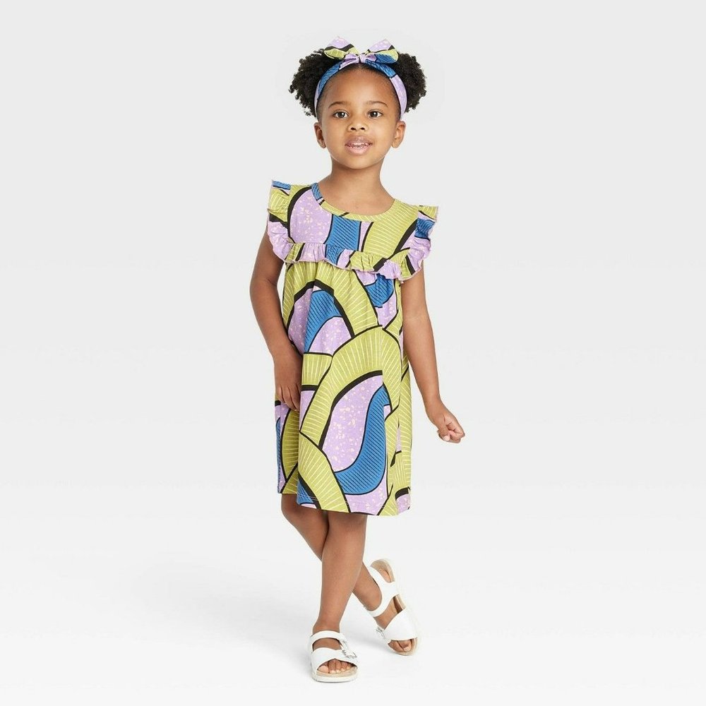 Black History Month Toddler Ruffle Shirtdress Headband Set Purple Abstract 3T